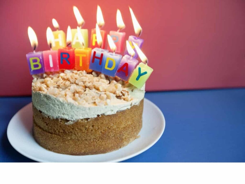 birthday cake with colorful candles that are lit up