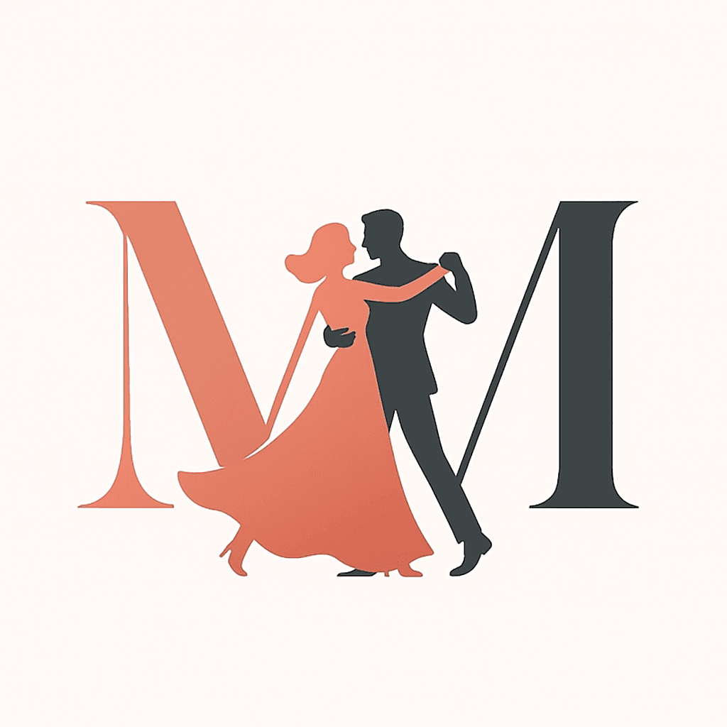 Milestone Mingle logo Milestone Mingle logo featuring two large serif capital letters "M"—one in warm terracotta and the other in charcoal—subtly overlaid with a small, elegant silhouette of a dancing couple between the letters.