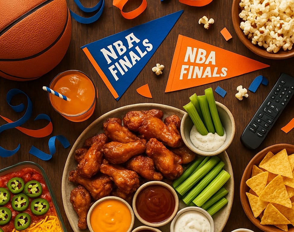 Overhead flat-lay of an NBA Finals watch-party spread: a platter of crispy chicken wings with three dipping sauces, and blue-orange team decorations on a dark wooden table.”
