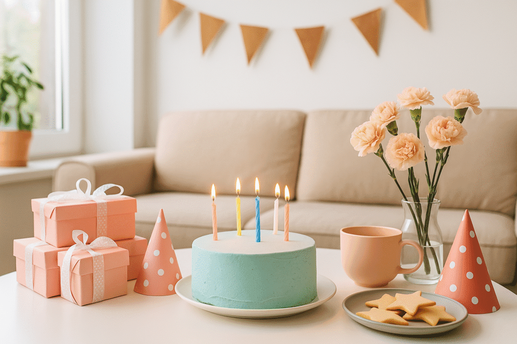 A cozy indoor birthday celebration with balloons, string lights, and a table set with cake, drinks, and snacks. Warm ambient lighting creates a festive and inviting atmosphere.